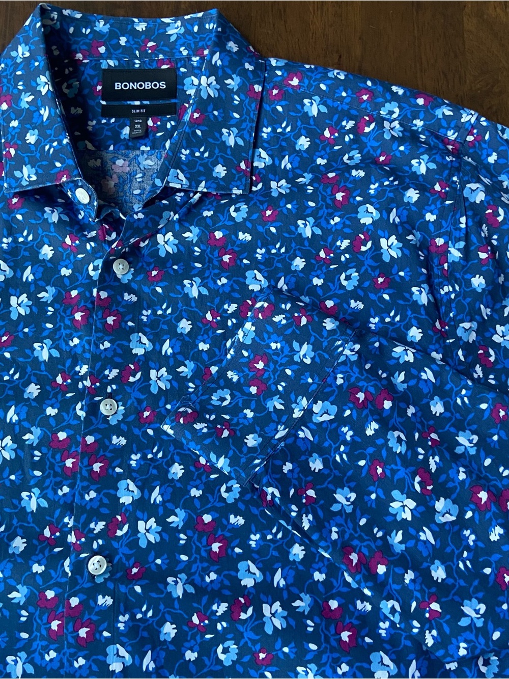 BONOBOS Slim Fit Long Mens XXL Blue Floral Print Long Sleeve Button Shirt
